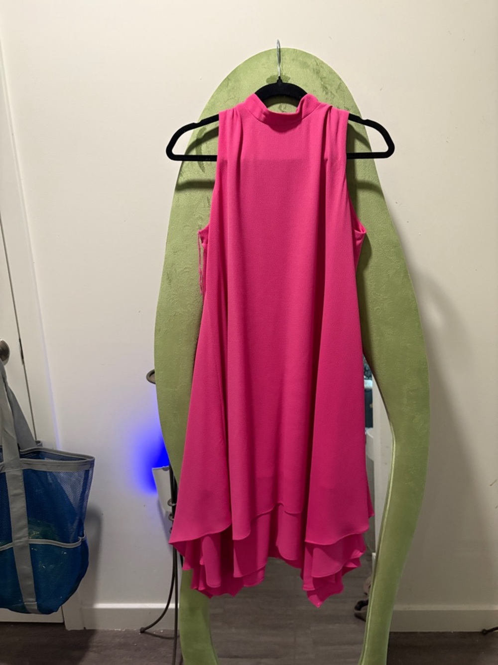 London Times Fuchsia High-Neck Asymmetric Hem Dress